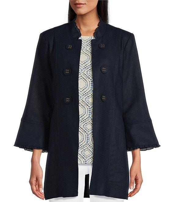 Multiples Linen-Blend Stand Collar 3/4 Flounce Sleeve Open Front Jacket Product Image