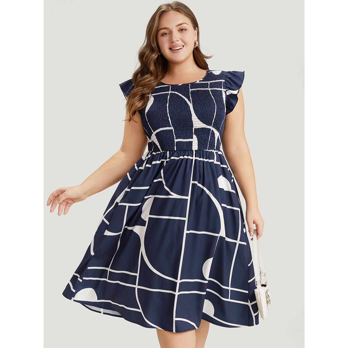 Plus Size Geometric Pocket Flutter Sleeve Shirred Dress Navy Women Office Pocket Round Neck Cap Sleeve Curvy Midi Dress BloomChic 28/5X Product Image