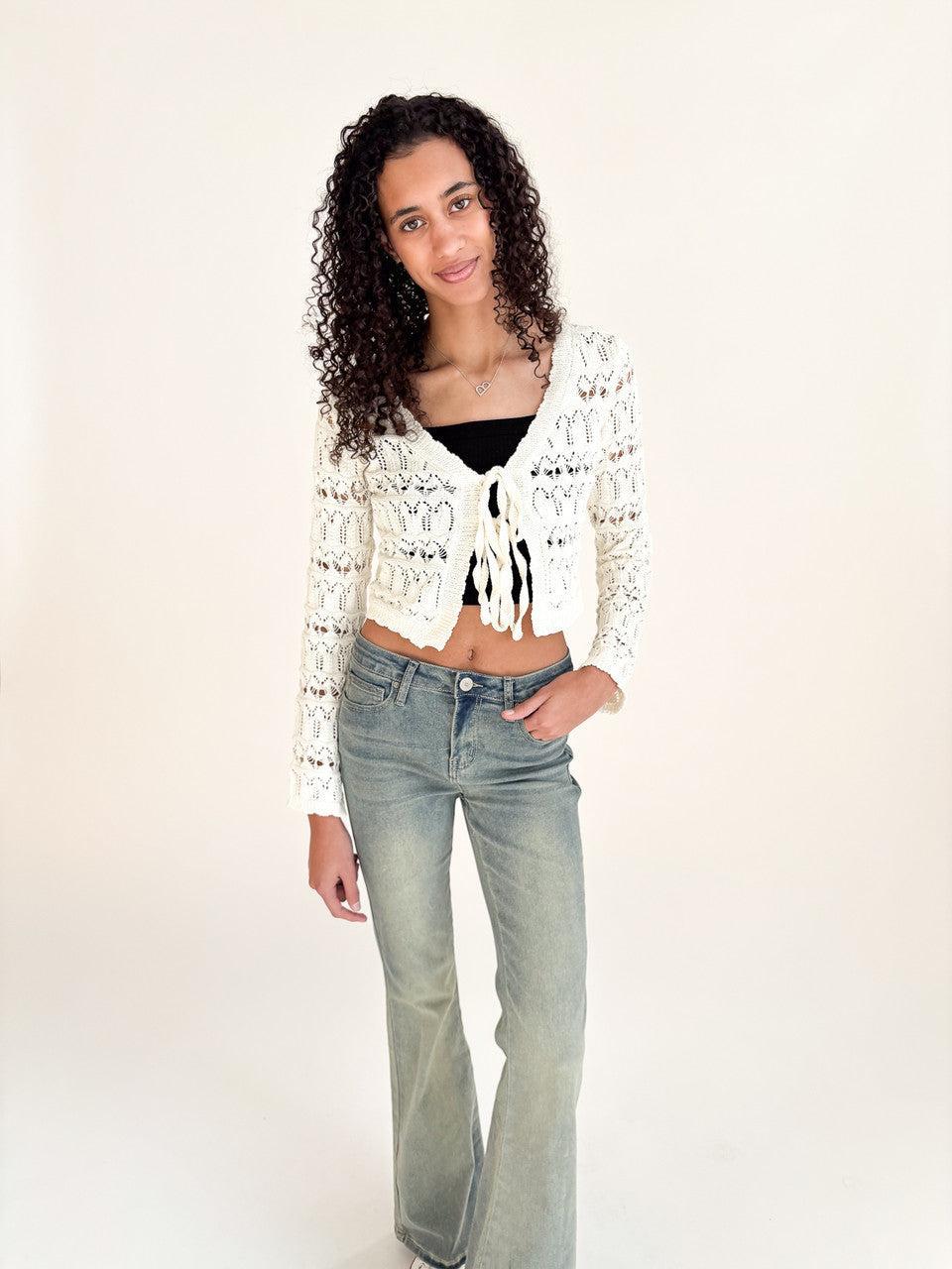 Loose Pointelle Knit Tie Front Cardigan Product Image