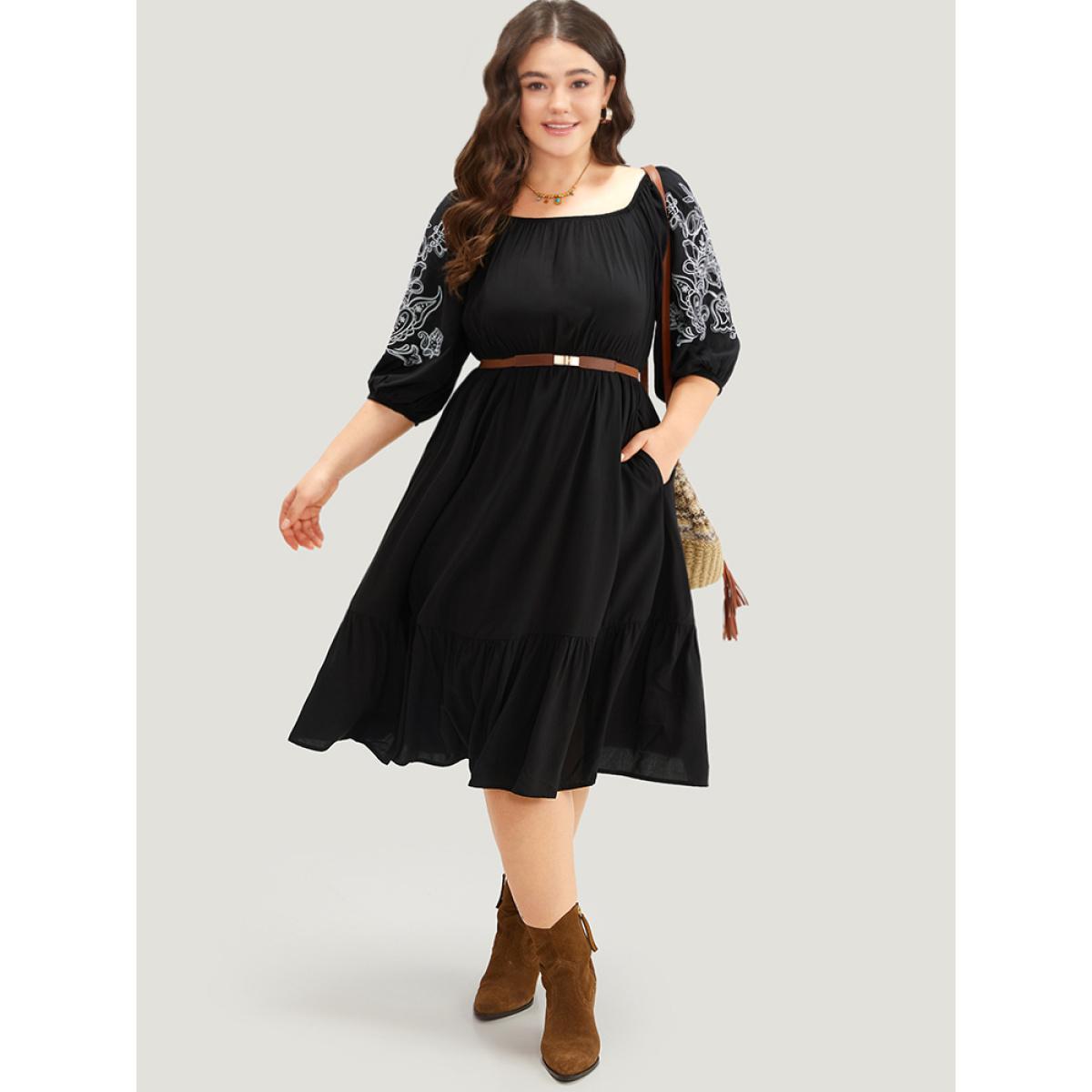 Plus Size Floral Embroidered Pocket Square Neck Lantern Sleeve Dress Black Women Vacation Adjustable Straps Square Neck Half Sleeve Curvy Midi Dress BloomChic 18-20/2X Product Image