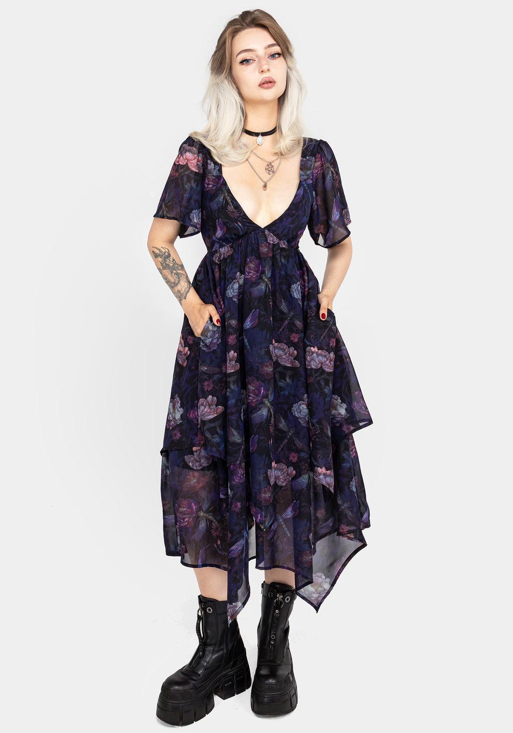 Dragonfly Floral Print Chiffon Handkerchief Hem Dress Product Image