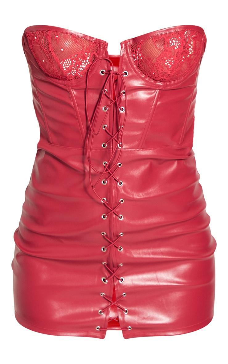 Red Lace Up Detail Faux Leather Lingerie Slip Dress Product Image