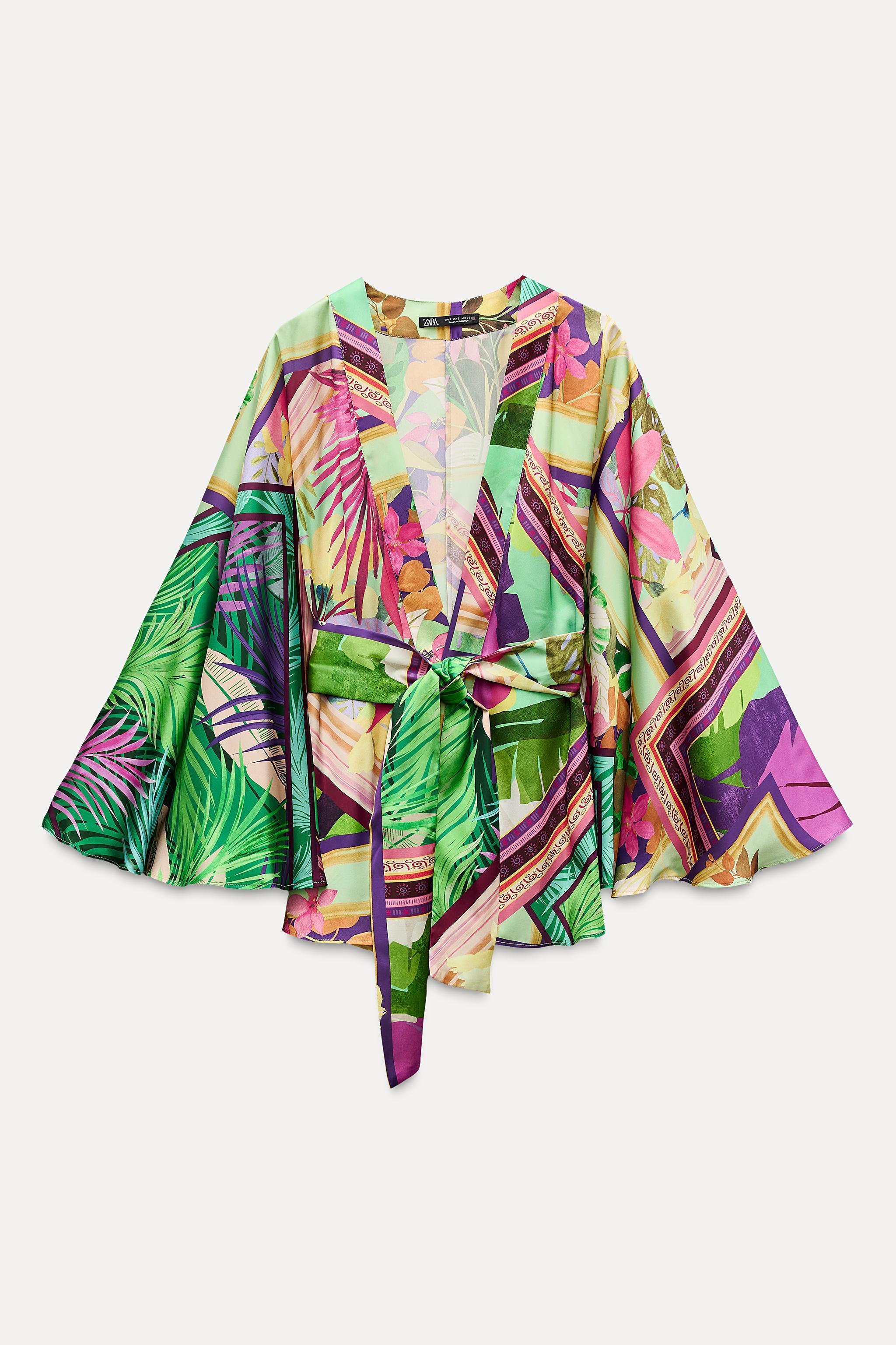 SATIN EFFECT TROPICAL PRINT KIMONO Product Image