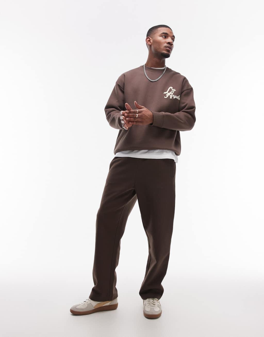 Topman oversized fit sweatshirt with front and back city of angels embroidery in brown Product Image