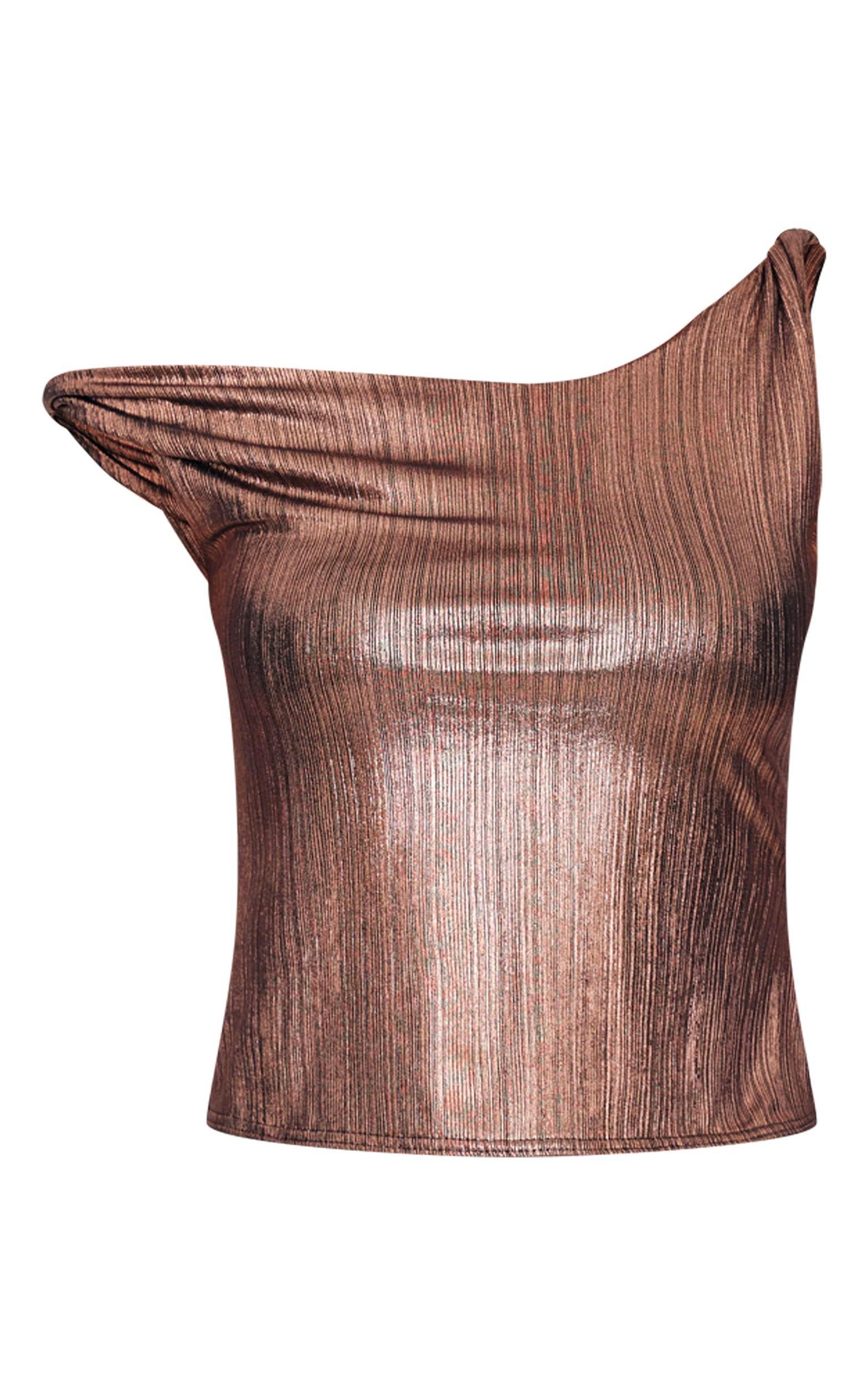 Gold Metallic Textured Twist Shoulder Long Top Product Image