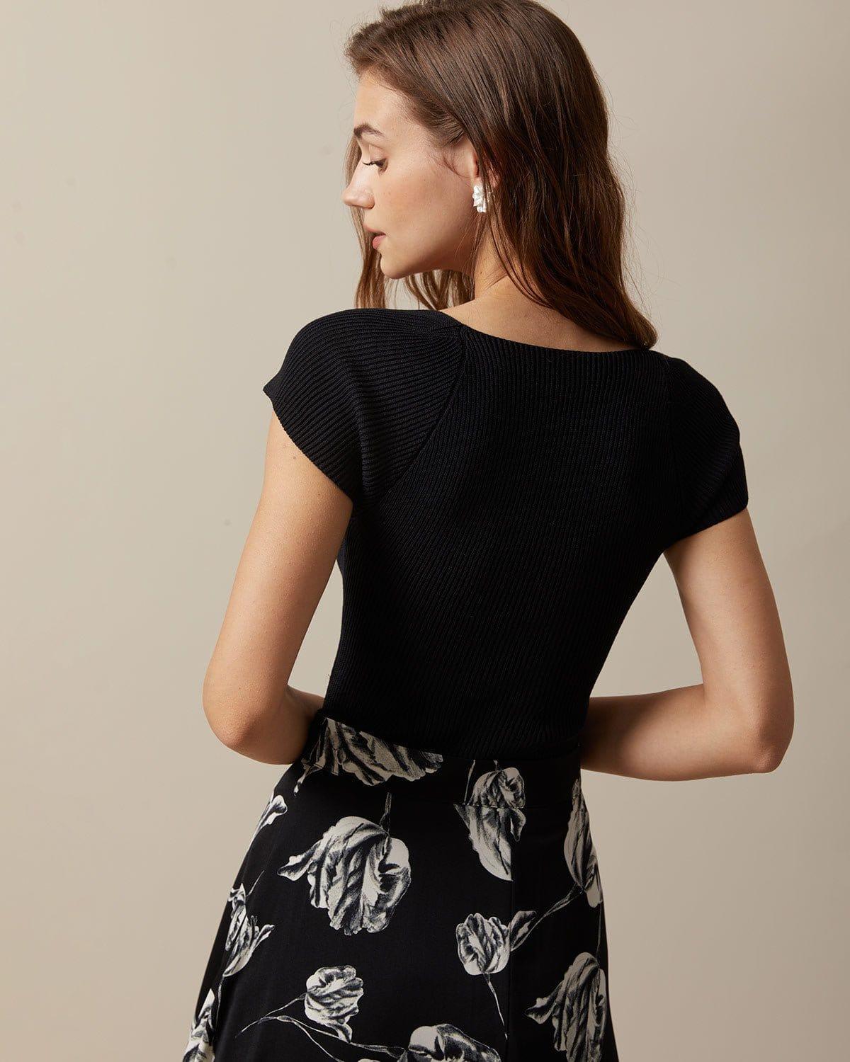 The Black Square Neck Short Sleeve Knit Top Product Image