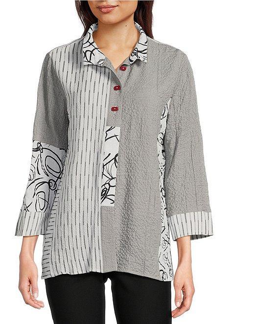 Ali Miles Pucker Mixed Print Wire Collar 3/4 Sleeve Button Front Tunic Product Image