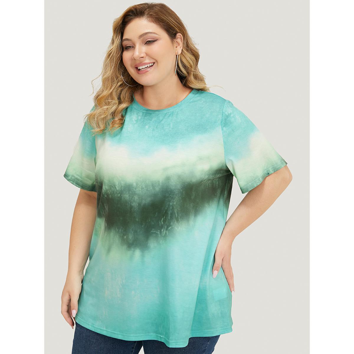 Plus Size Tie Dye Drop Shoulder Round Neck T-shirt Green Women Casual Ombre Round Neck Dailywear T-shirts BloomChic 10/M Product Image