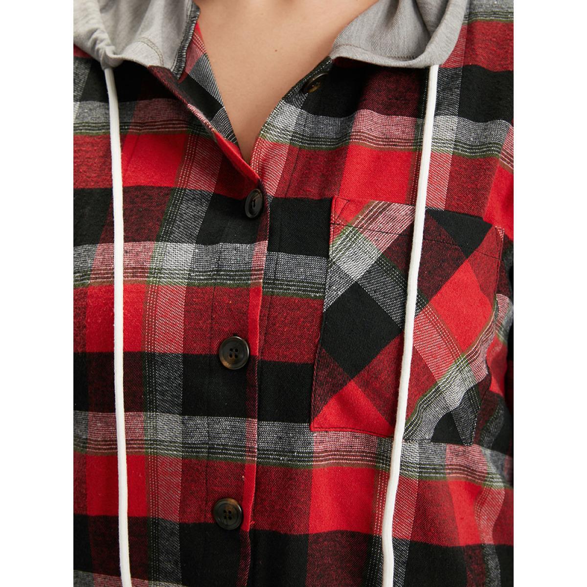 Plus Size Plaid Patchwork Hooded Drawstring Button Through Jacket Women Red Casual Jackets BloomChic 30/6X Product Image