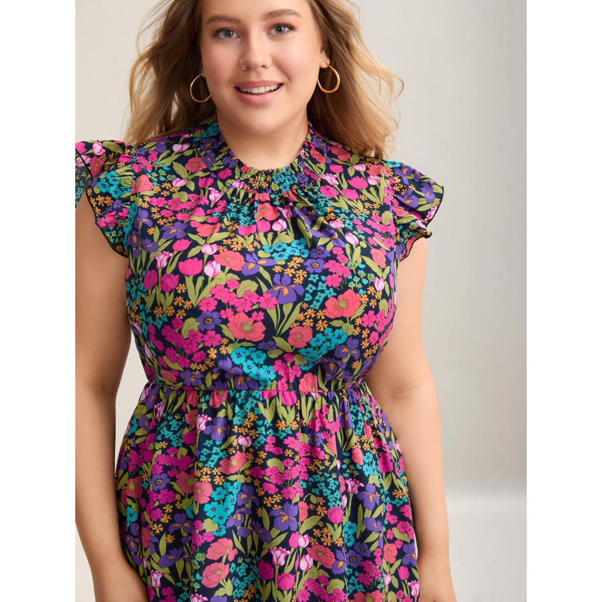 Plus Size Floral Print Shirred Pockets Midi Dress Indigo Women Romantic Frill Trim Mock Neck Cap Sleeve Curvy BloomChic 28/5X Product Image