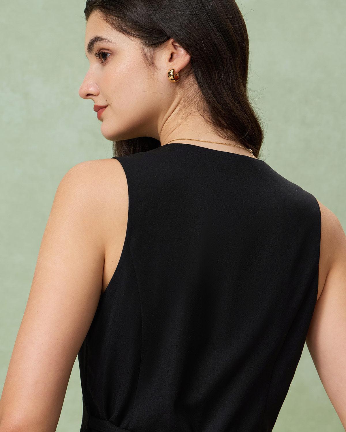 Black V-Neck Single Breasted Vest Product Image