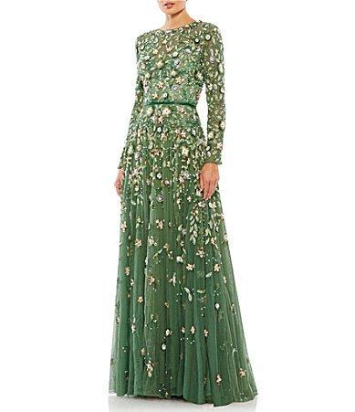 Mac Duggal Floral Beaded Crew Neck Long Sleeve Pleated Chiffon Gown Product Image