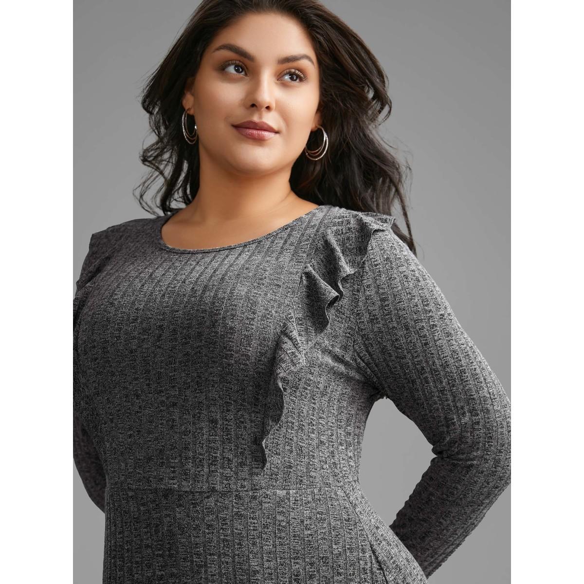 Plus Size Crew Neck Ruffle Trim Knit Dress DarkGray Women Casual Texture Knit Dresses Bloomchic 26/4X Product Image