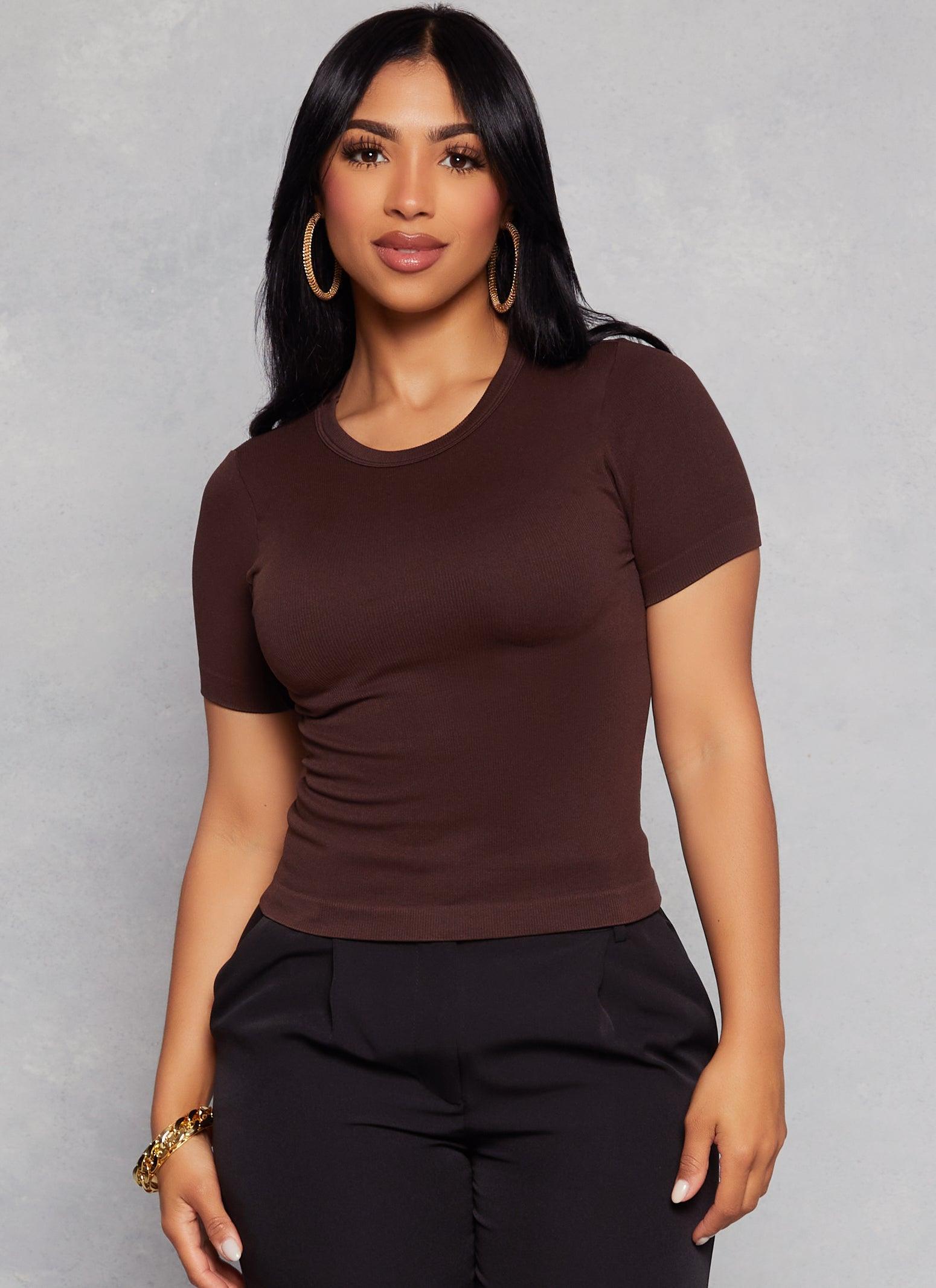 Womens Basic Ribbed Crew Neck Short Sleeve Top Product Image