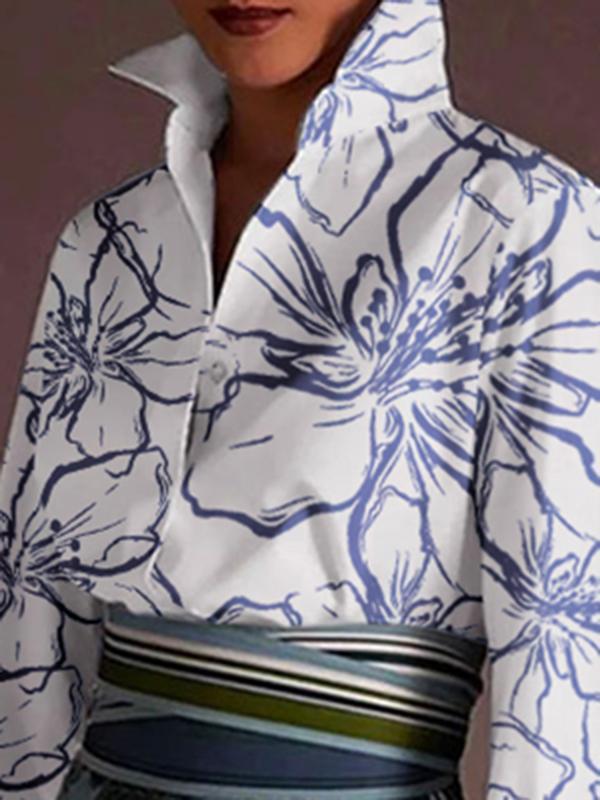 Flared Sleeves Long Sleeves Printed Split-Joint Lapel Blouses&Shirts Tops Product Image