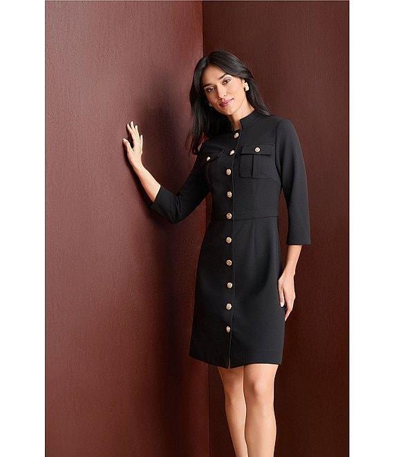 Ming Wang Stretch Deco Crepe Utility Stand Collar 3/4 Sleeve Button Front Dress Product Image