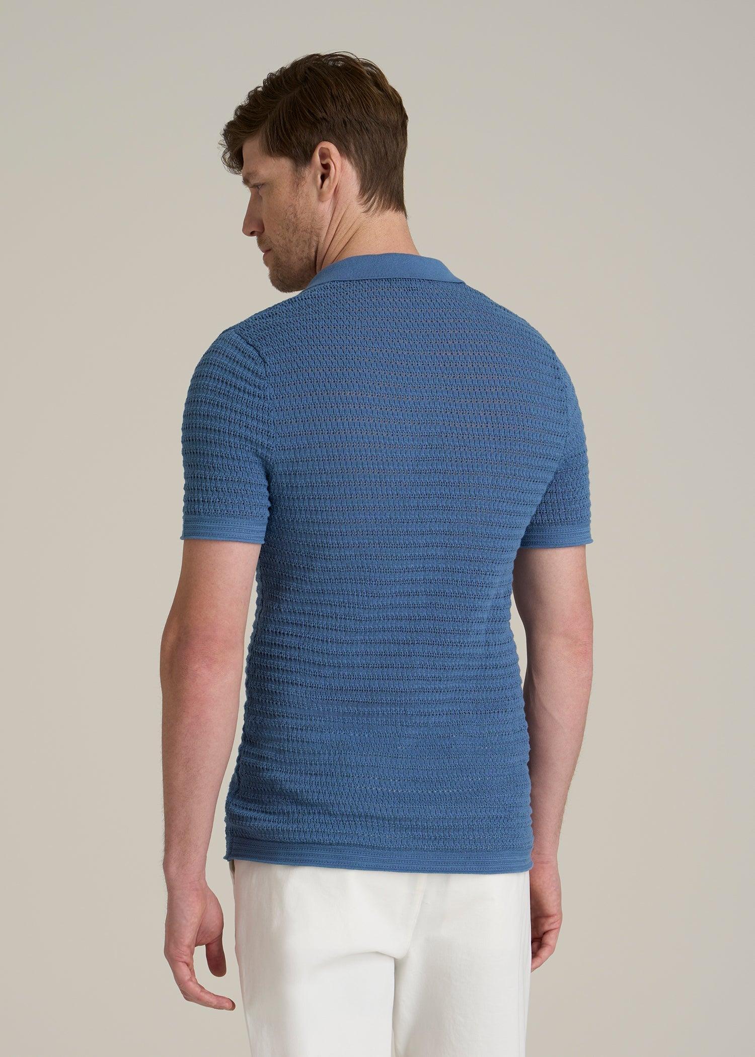 Short Sleeve Crochet Polo Cardigan for Tall Men in Deep Cobalt Male Product Image