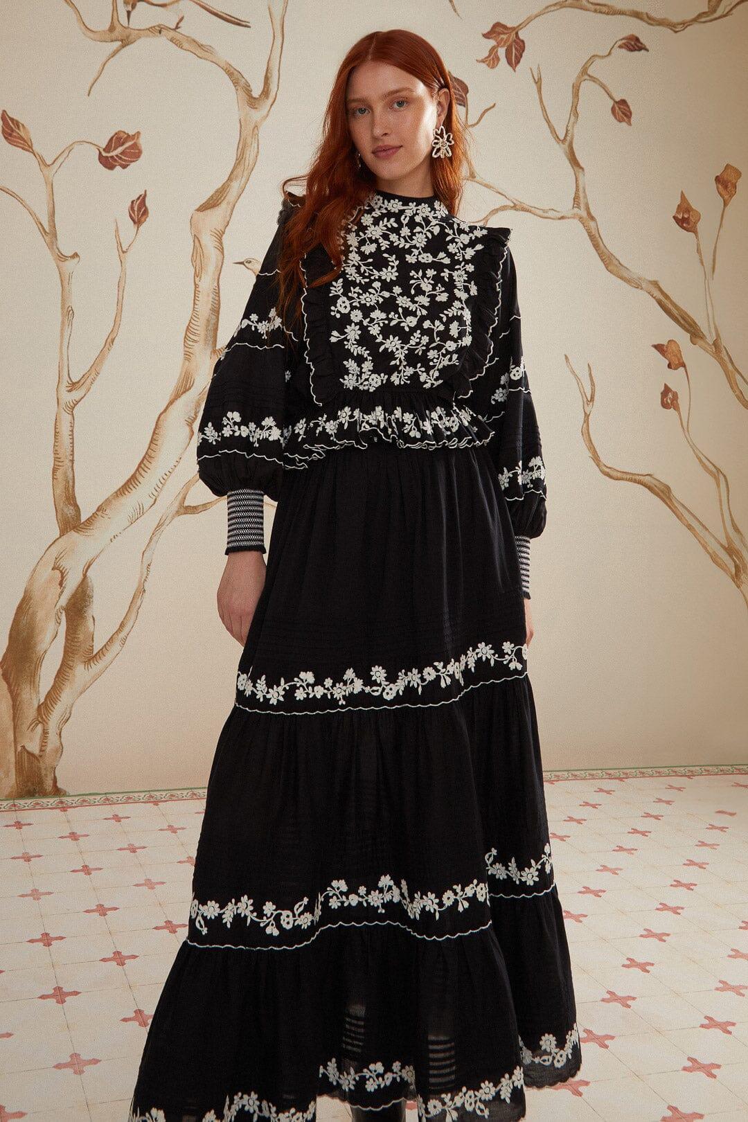 Black Embroidered Ruffle Maxi Skirt, BLACK / XXS Product Image