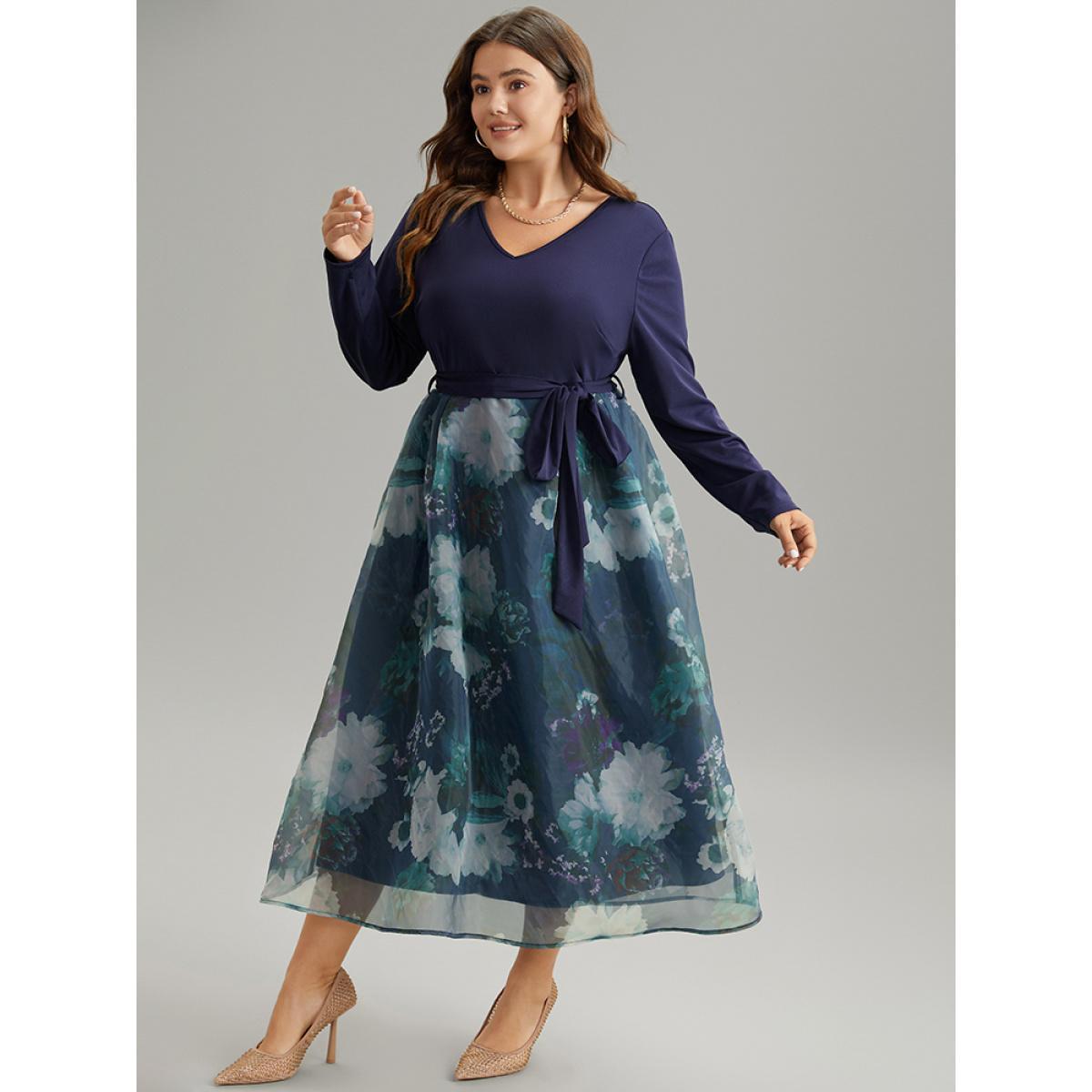 Plus Size Floral Print Belted Patchwork Mesh Dress DarkBlue Women Elegant Belted V-neck Long Sleeve Curvy Midi Dress BloomChic 10/M Product Image