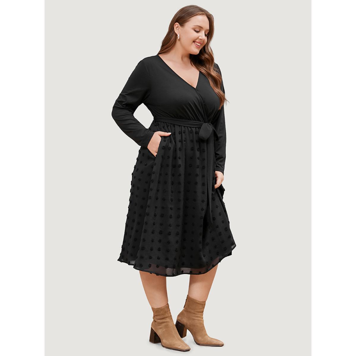 Plus Size Solid Surplice Neck Pocket Mesh Patchwork Belted Dress Black Women Casual Elastic Waist V-neck Long Sleeve Curvy Midi Dress BloomChic 28/5X Product Image