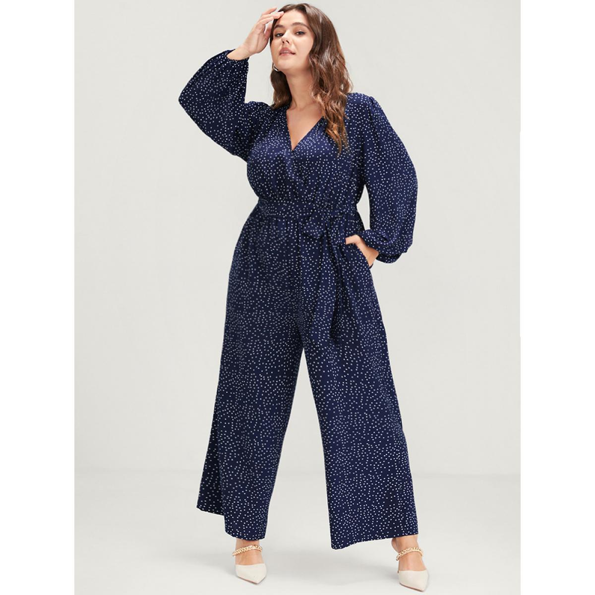 Plus Size DarkBlue Polka Dot Belted Lantern Sleeve Pocket Button Wrap Jumpsuit Women Elegant Long Sleeve V-neck Dailywear Loose Jumpsuits BloomChic 10/M Product Image