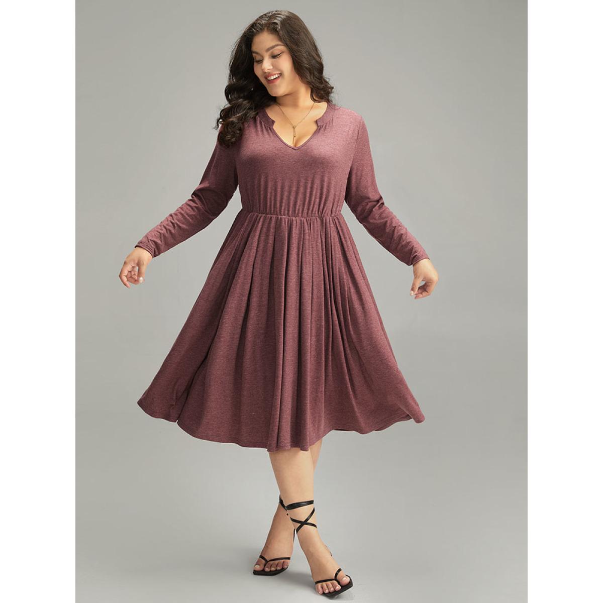 Plus Size Supersoft Essentials Notched Elastic Waist Dress Russet Women Elegant Gathered Notched collar Long Sleeve Curvy Midi Dress BloomChic 14-16/1X Product Image