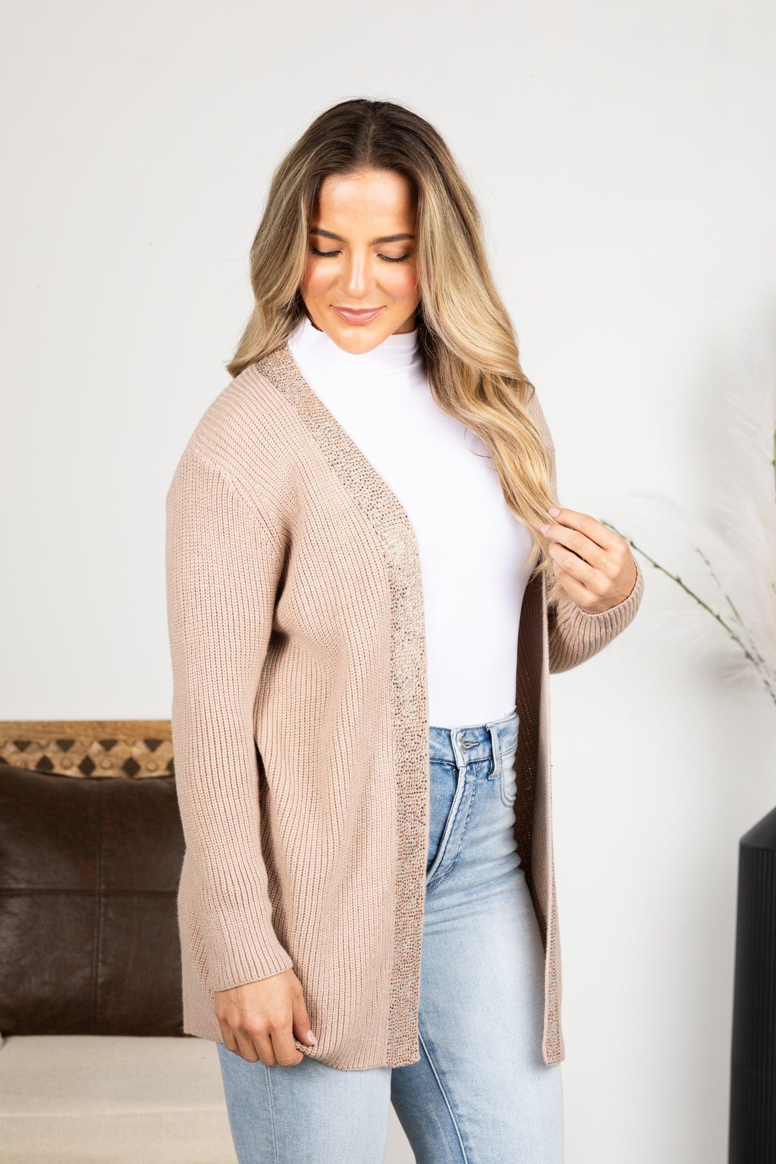 Tan Cardigan With Stone Trim Product Image