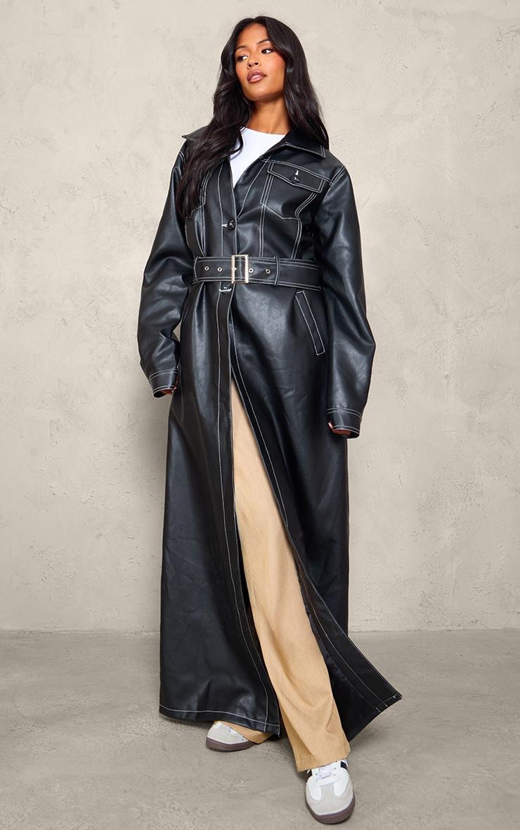 Tall Black Faux Leather Contrast Stitch Split Hem Trench Coat Product Image