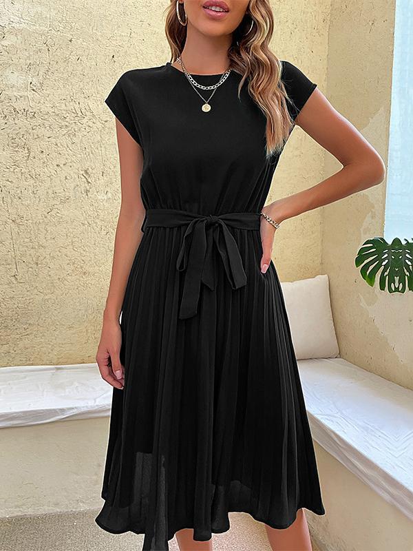 A-Line Loose Pleated Solid Color Tied Waist Round-Neck Midi Dresses Product Image