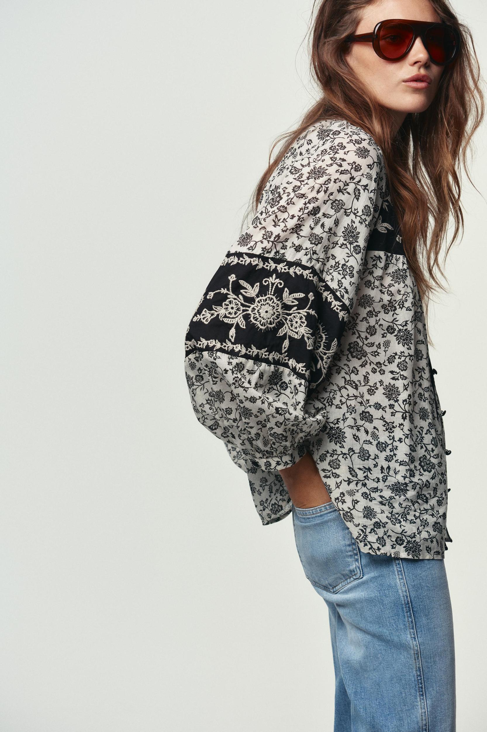 FLORAL PRINT BEADED EMBROIDERY BLOUSE Product Image