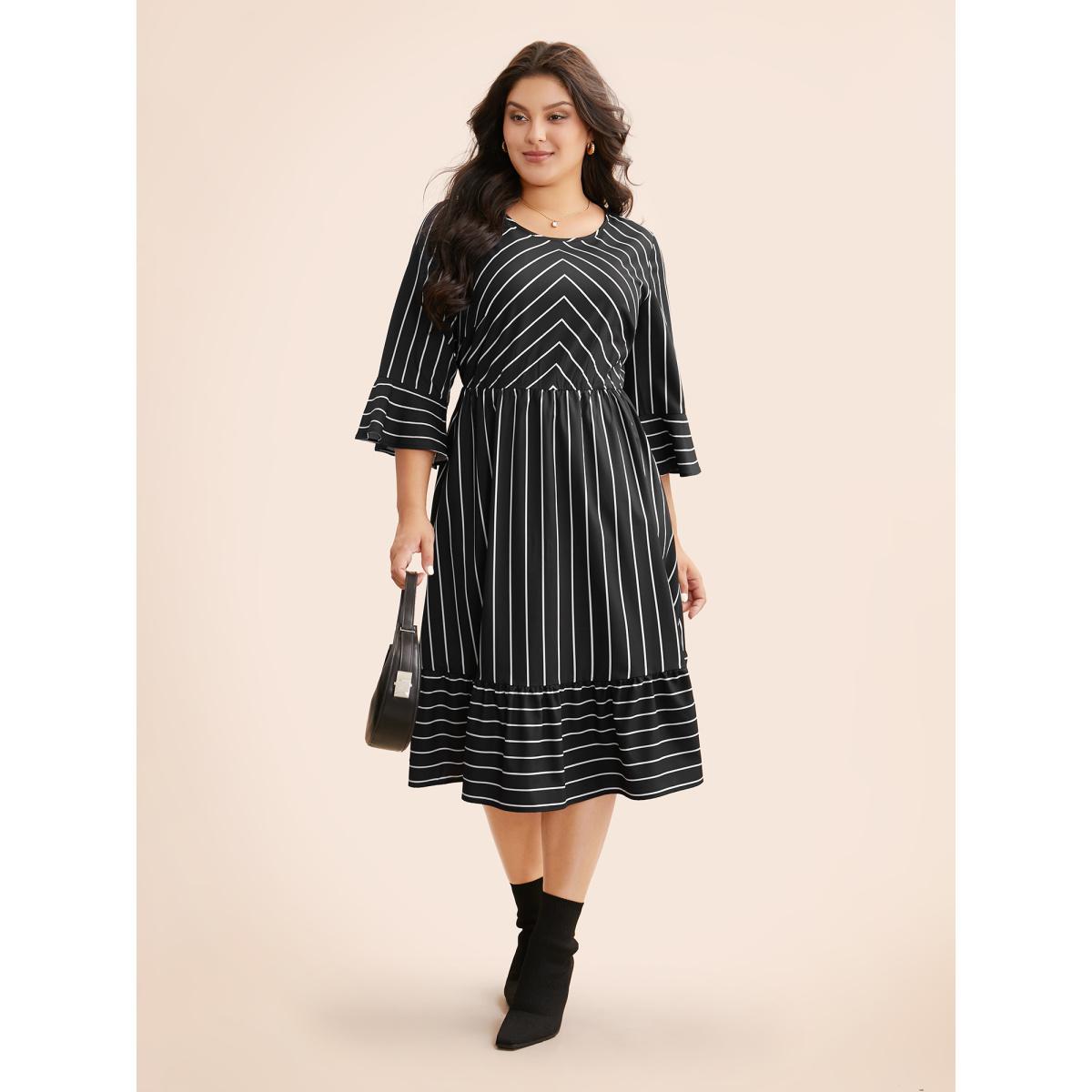 Plus Size Striped Flutter Sleeve Midi Dress Black Women At the Office Ruffles Round Neck Elbow-length sleeve Curvy BloomChic 14-16/1X Product Image