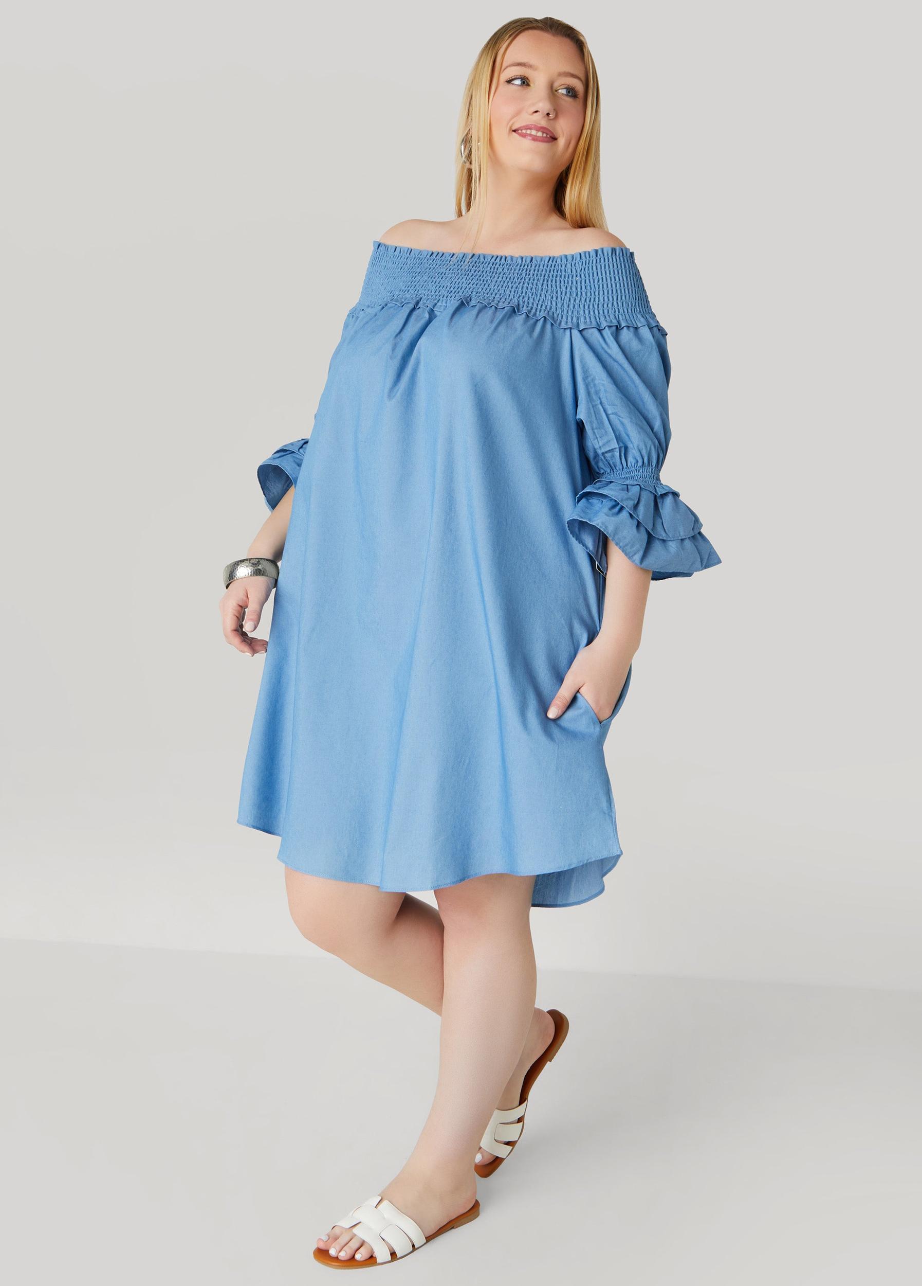 Plus Size Off The Shoulder Chambray Dress Ashley Stewart Product Image