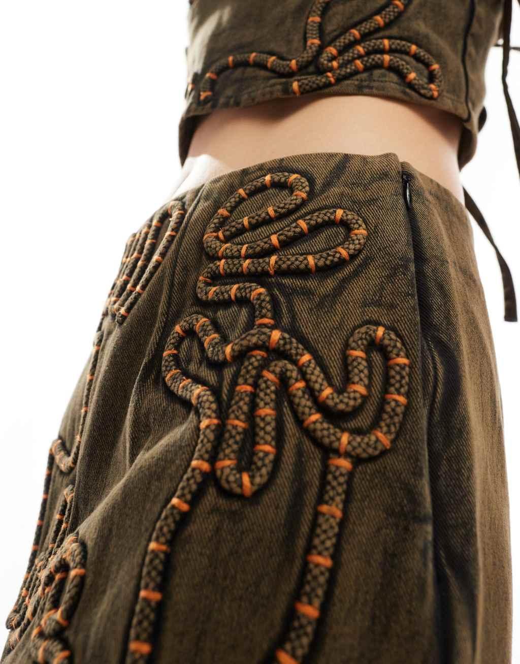 COLLUSION festival micro mini skirt with corded embroidery in chocolate - part of a set Product Image