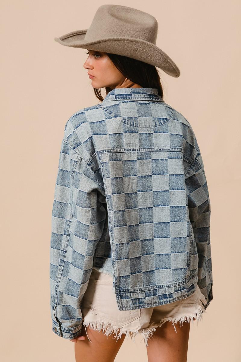 WASHED CHECKER DENIM DISTRESSED HEM JACKET Product Image