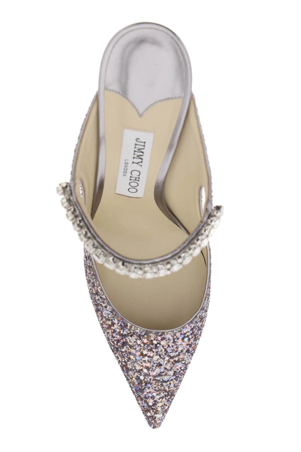 JIMMY CHOO Bing 100 Crystal Strap Glitter Heel Mules In Silver Product Image