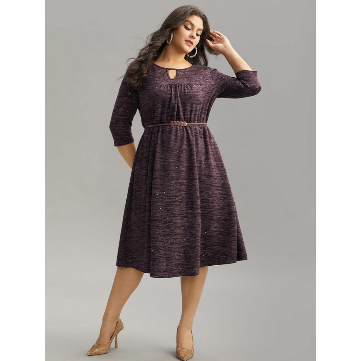 Plus Size Glitter Keyhole Gathered Elastic Waist Dress Purple Women Elegant Rib Knit Keyhole Cut-Out Elbow-length sleeve Curvy Midi Dress BloomChic 26/4X Product Image