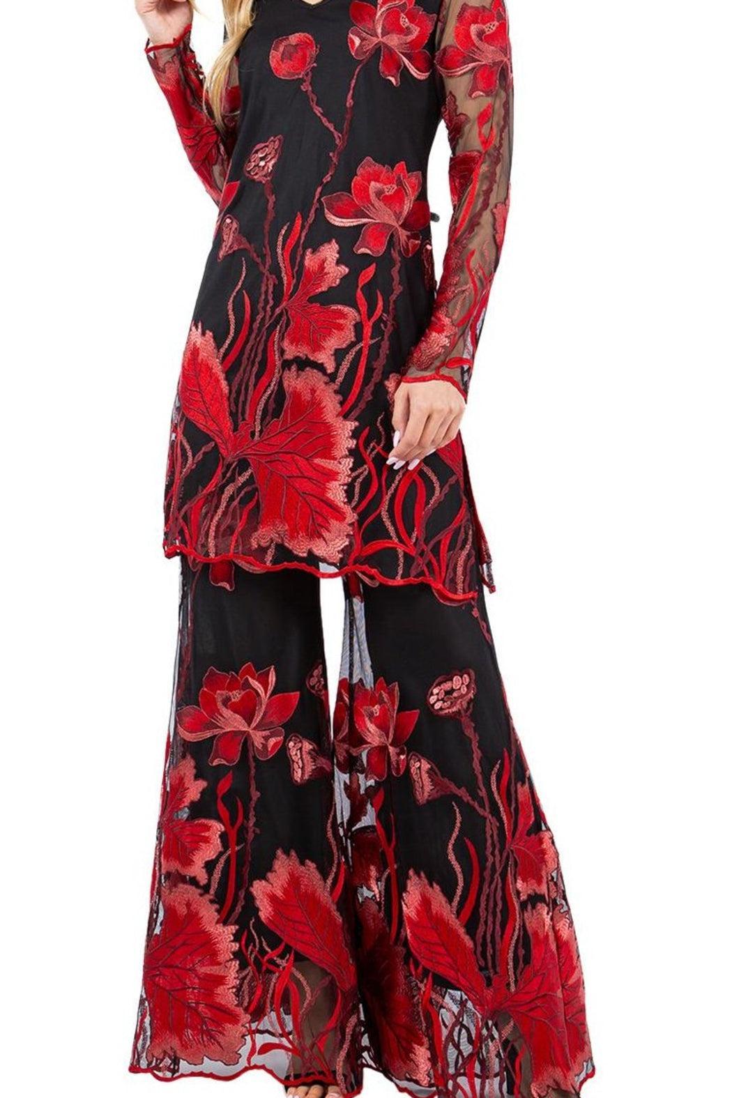 Black Mesh Applique Palazzo Pants Product Image