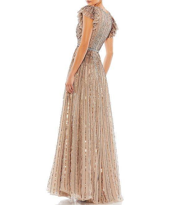 Mac Duggal Sequin Wrap Over Surplice V-Neck Ruffle Cap Sleeve Gown Product Image
