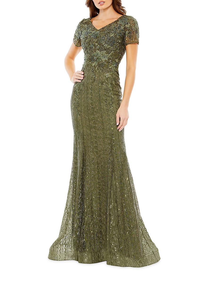 Womens Embellished V-Neck Cap-Sleeve Trumpet Gown Product Image