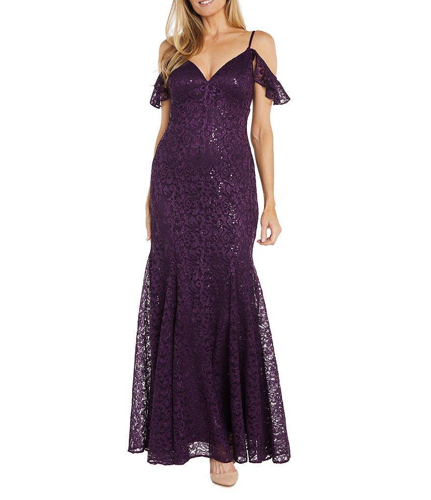 R & M Richards Lace Glitter V-Neck Flutter Cap Sleeve Godet Sheath Gown Product Image