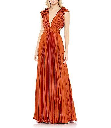 Mac Duggal Ruffled Cap Sleeve Cut Out Pleated Deep V-Neck Strappy Back Detail Satin A Product Image
