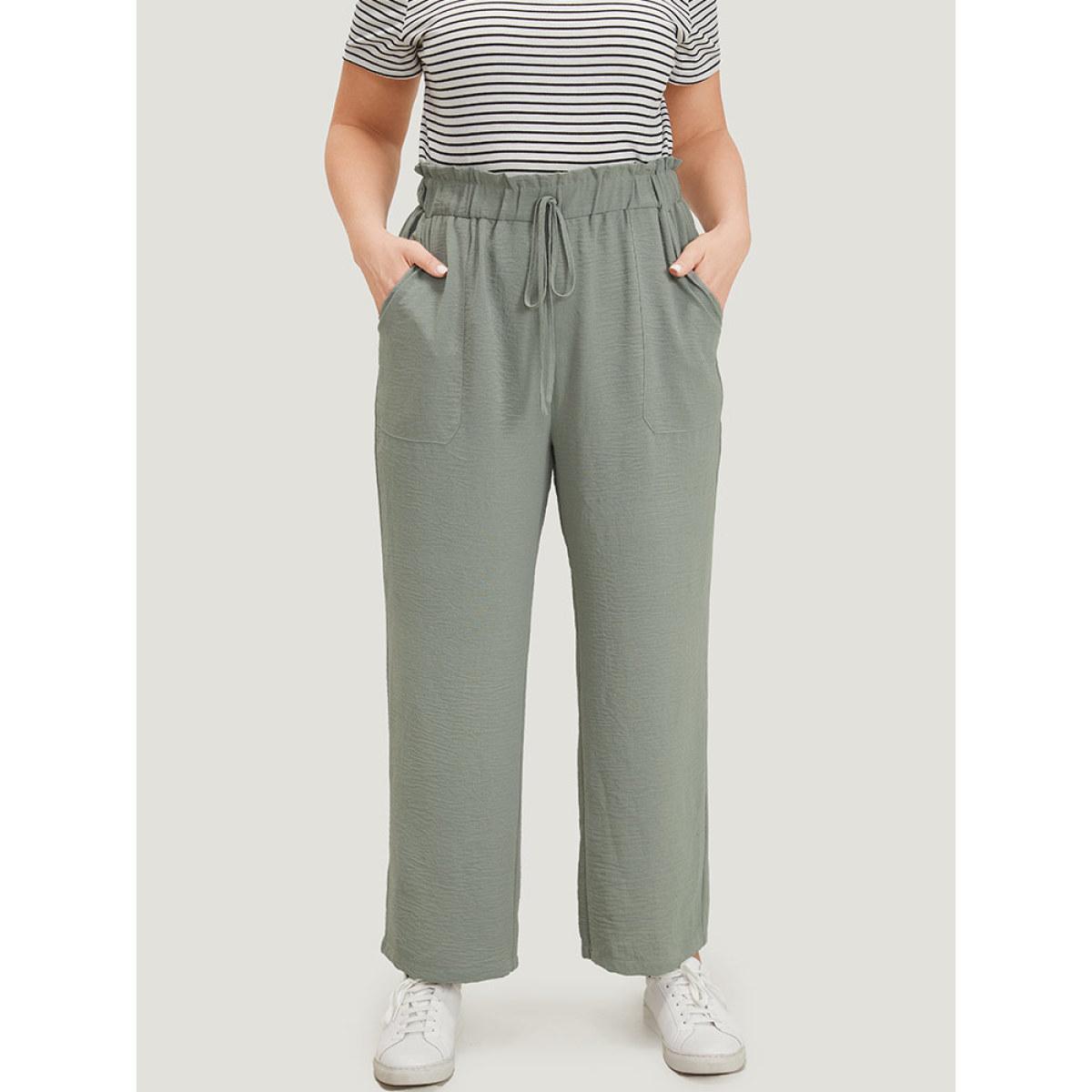 Plus Size Solid Pocket Ties Paperbag Waist Pants Women SlateGray Casual Straight Leg High Rise Dailywear Pants BloomChic 10/M Product Image
