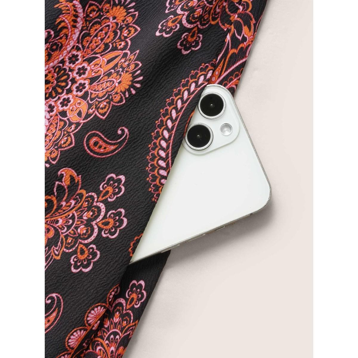 Plus Size Overlap Collar Boho Print Ruffle Sleeve Dress Black Women Resort Gathered Overlap Collar Short sleeve Curvy BloomChic 12/L Product Image