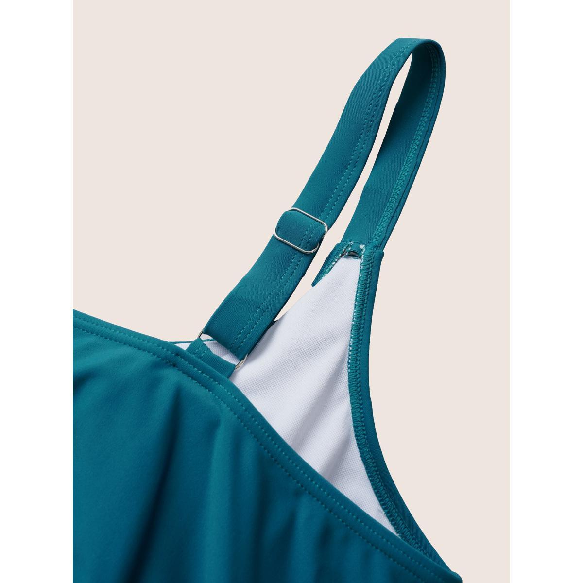 Plus Size Plain Ruched Adjustable Straps Bowknot Swim Dress Women's Swimwear Aegean Beach Bodycon V-neck High stretch Curve Swim Dresses BloomChic 14-16/1X Product Image