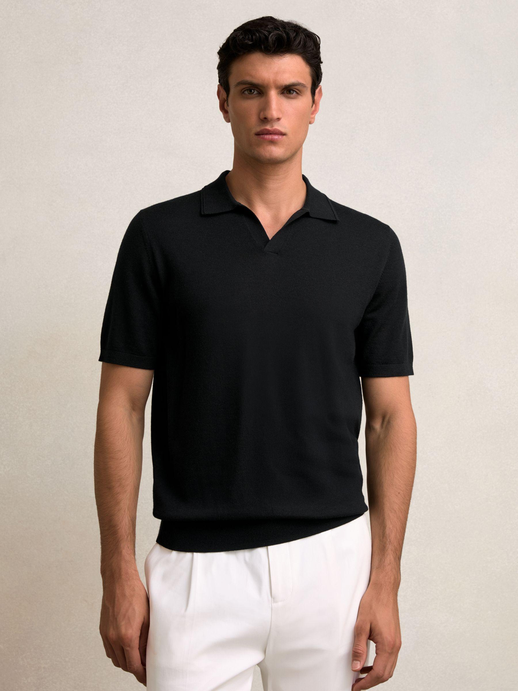 Merino Wool Open-Collar Polo Shirt in Black Product Image