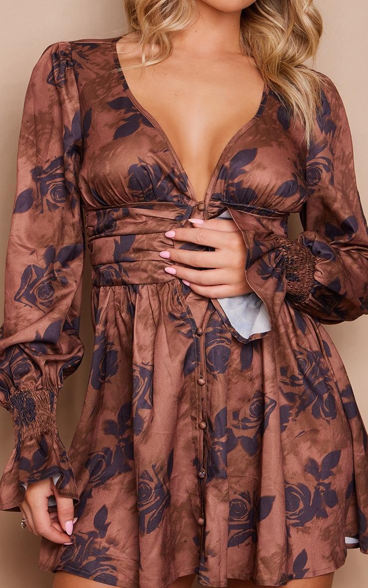 Brown Floral Print Button Detail Puff Sleeve Shift Dress Product Image