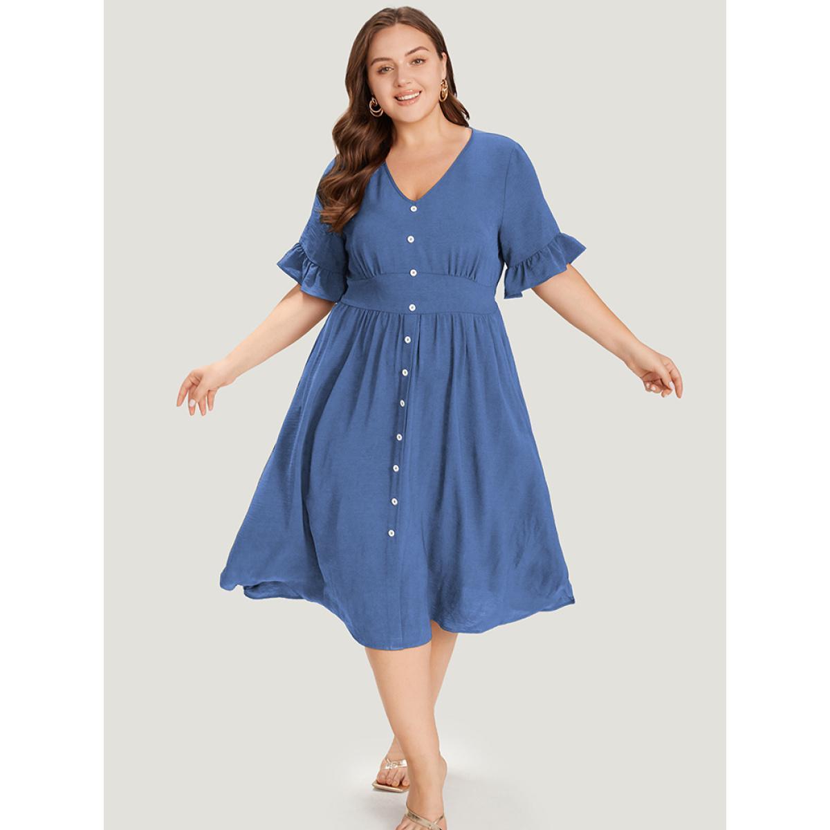 Plus Size Solid Bell Sleeve Button Detail Pocket Gathered Dress DarkBlue Women Elegant V-neck Half Sleeve Curvy Midi Dress BloomChic 30/6X Product Image