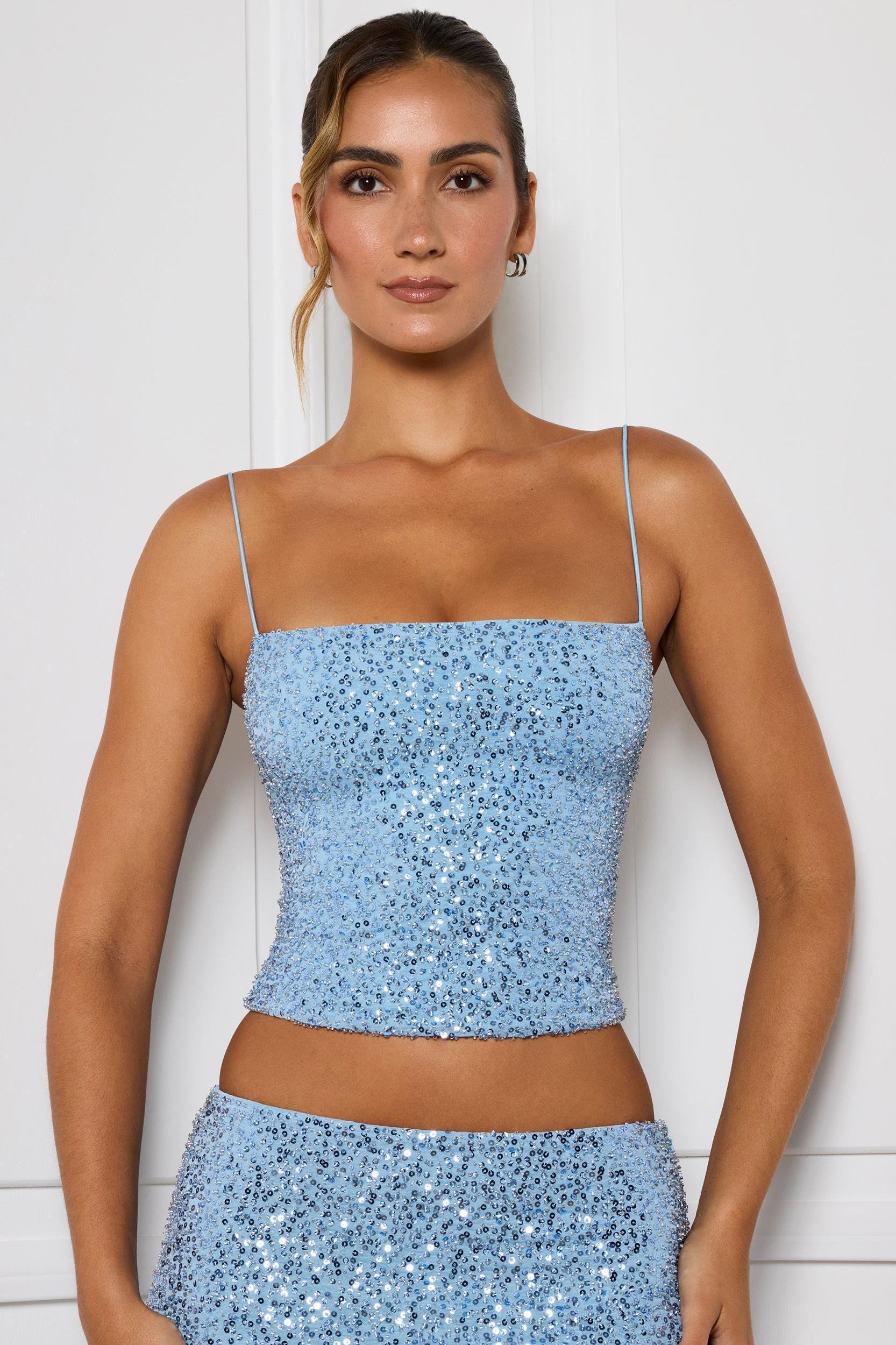 Embellished Square-Neck Top in Light Blue Product Image