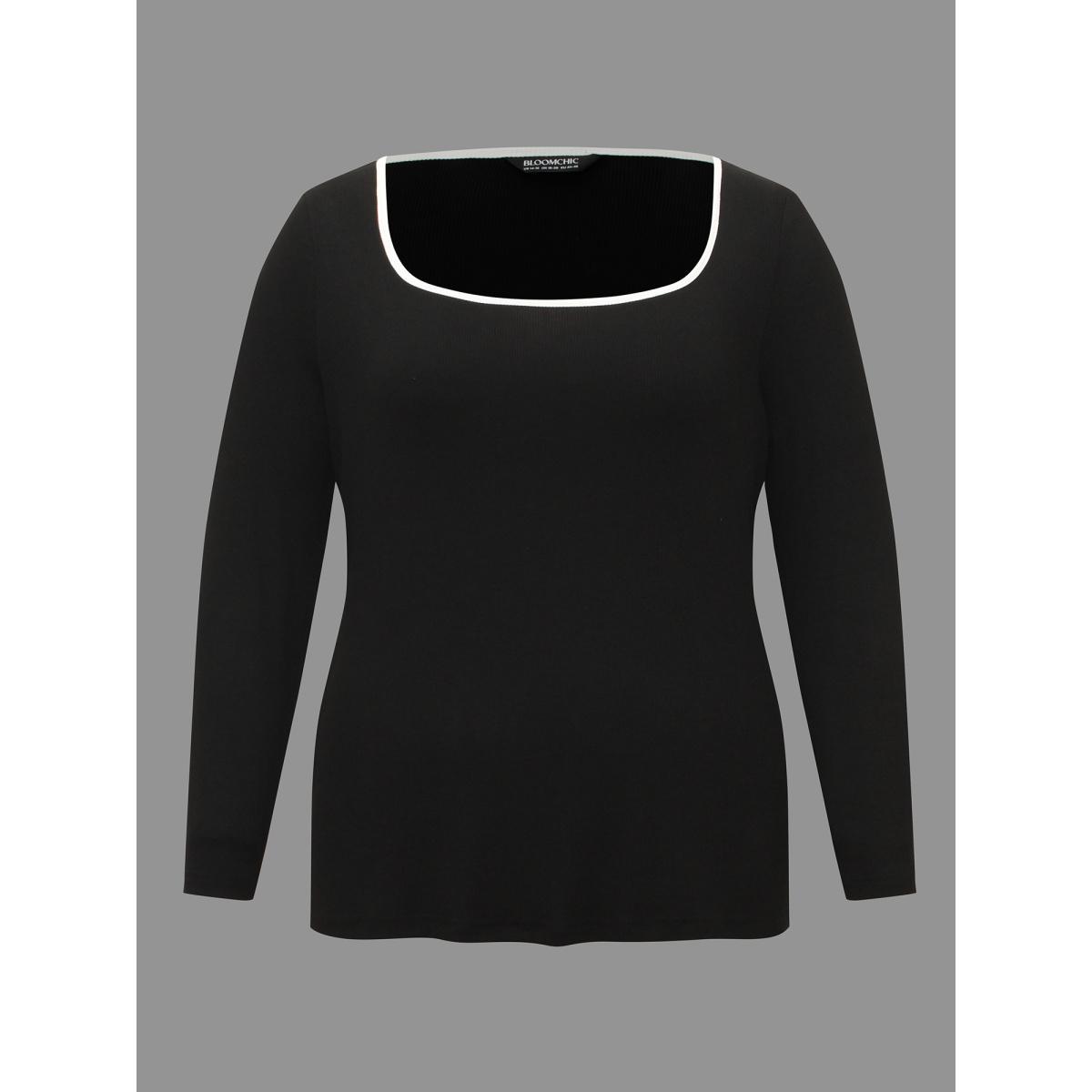 Plus Size Square Neck Contrast Trim T-shirt Black Women Casual Texture Square Neck Bodycon Everyday T-shirts BloomChic 30/6X Product Image