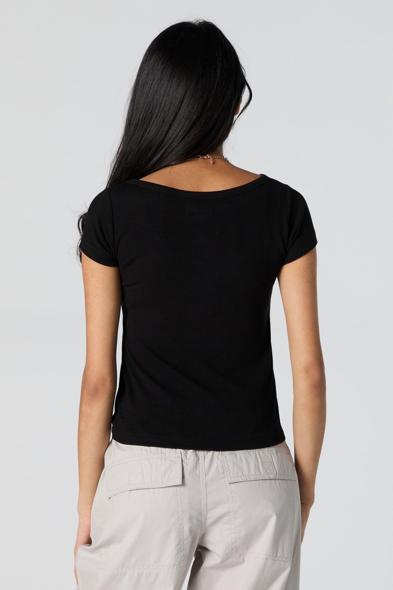 Graphic Ribbed Boat Neck T-Shirt Female Product Image